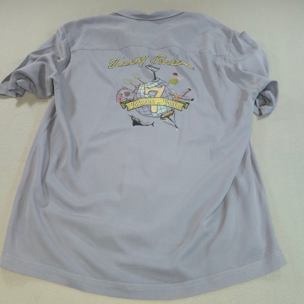 Tommy Bahama Shirt Mens L Blue 100% Silk 7 Wonders of the World Embroidered Camp